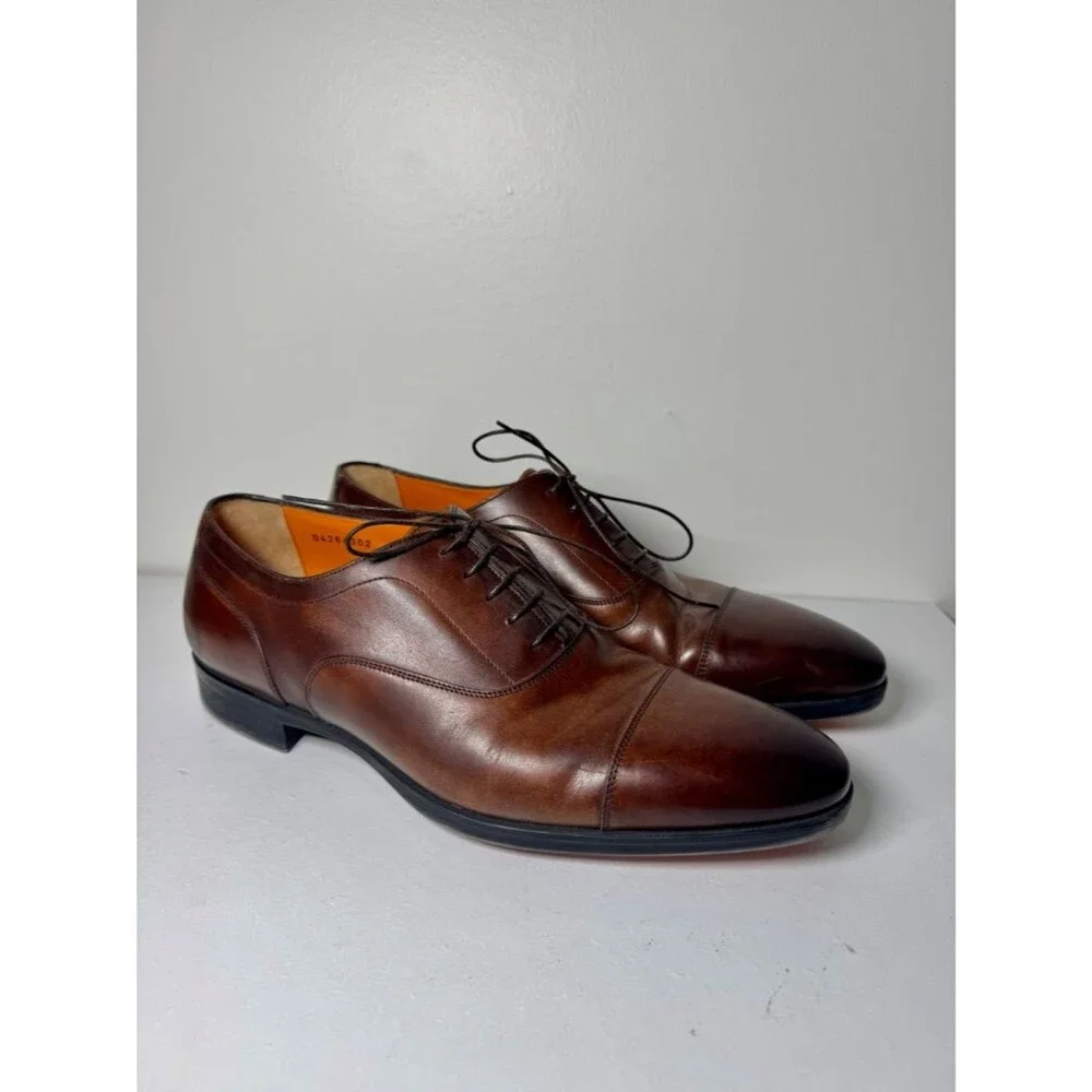 Santoni Men's Brown Leather Cap Toe Oxford Dress Shoes Made in Italy Size 10
